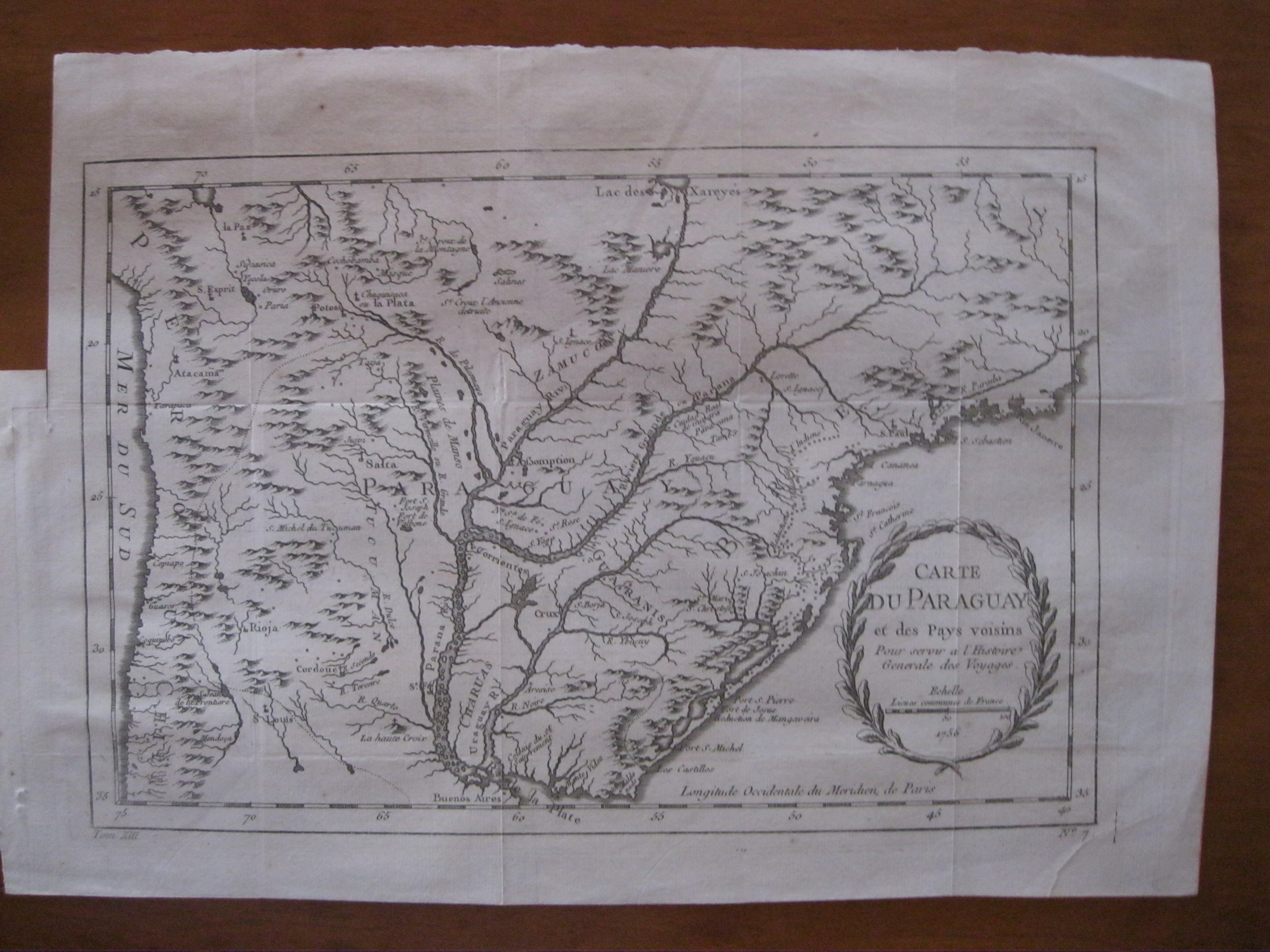 Mapa de Paraguay, Brasil, Argentina,1756.Bellin
